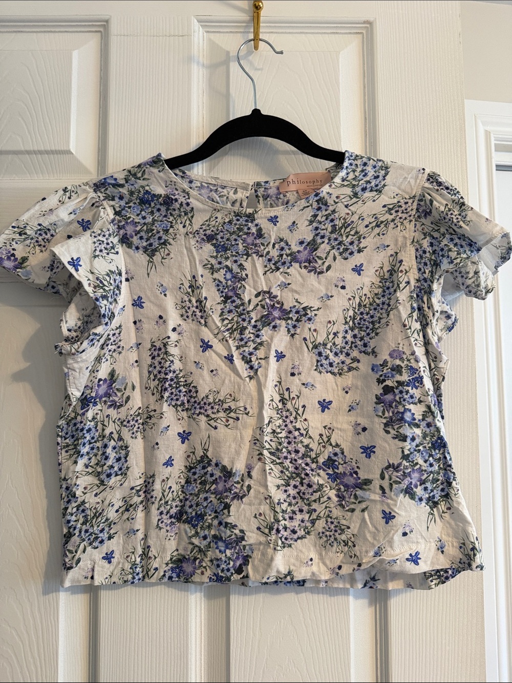 Philosophy White Crop Top with Purple Floral Print